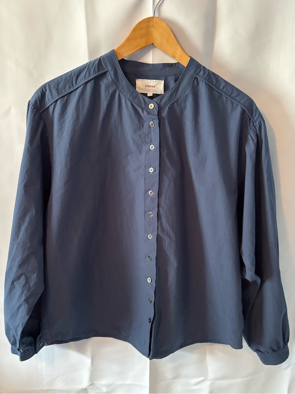 XiRENA 100% Cotton Blue Blouse M Band Collar Button-Front Shirt Balloon Sleeve